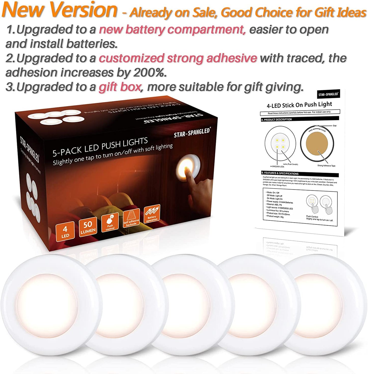 Tap Light Push Lights STAR-SPANGLED Mini Touch Press Spot Lights Indoor Portable LED Stick on Puck Lights Battery Operated Powered for under Cupboards Wardrobe Cabinet Closet Kitchen Warm White 5Pack