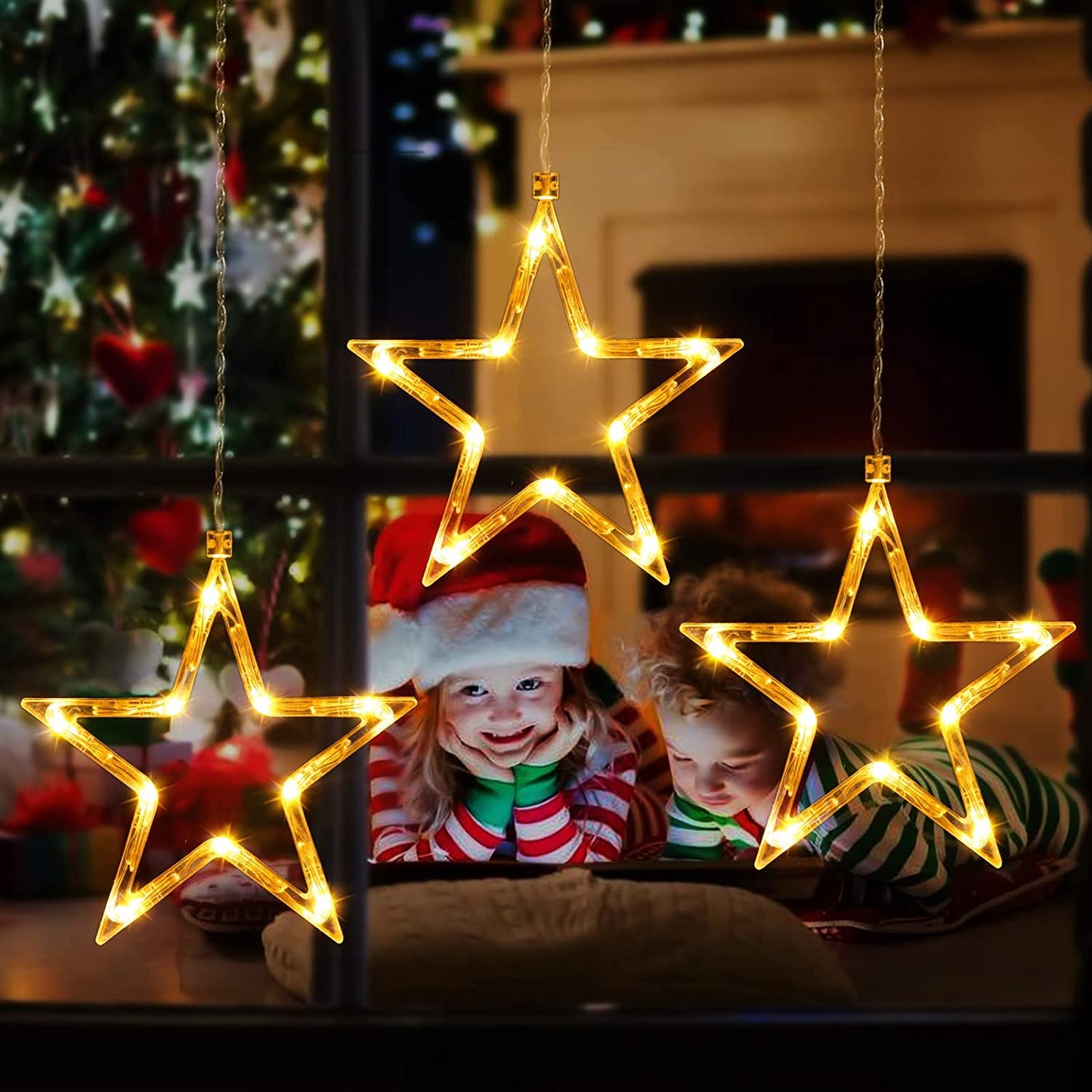 Chritmas Window Lights Indoor Outdoor, 3 Stars Lights 30 Leds Battery Operated Timer for Hanging 8 Modes Warm White Star String Lights, Xtmas Lights Decorative Light for Window, Door, Wall