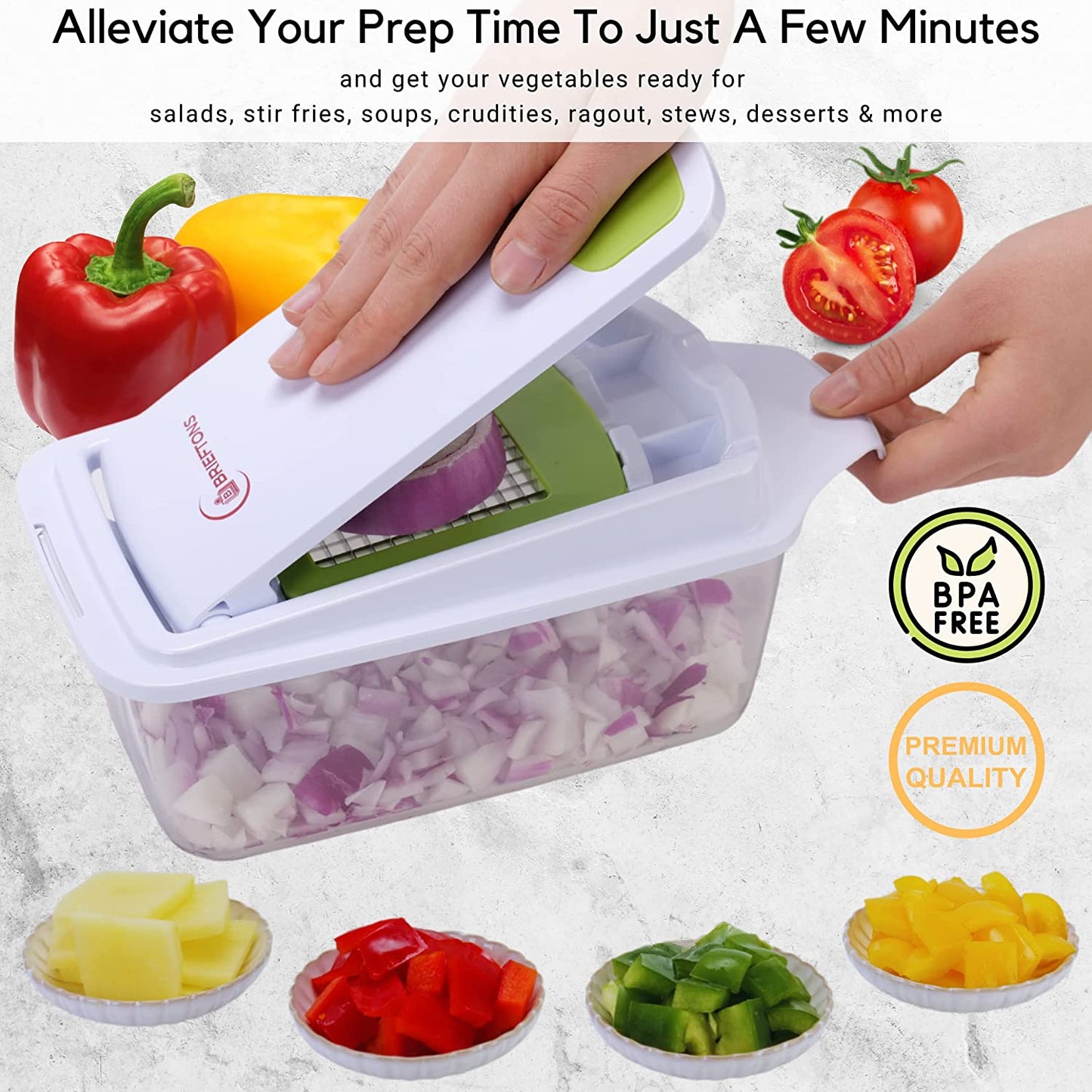 Quickpush Food Chopper (BR-QP-02): Strongest & 200% More Container Capacity, 30% Heavier Duty, Kitchen Vegetable Fruit Dicer, Onion Tomato Potato Fries Cutter, with 3 Dicing Blades & Lid