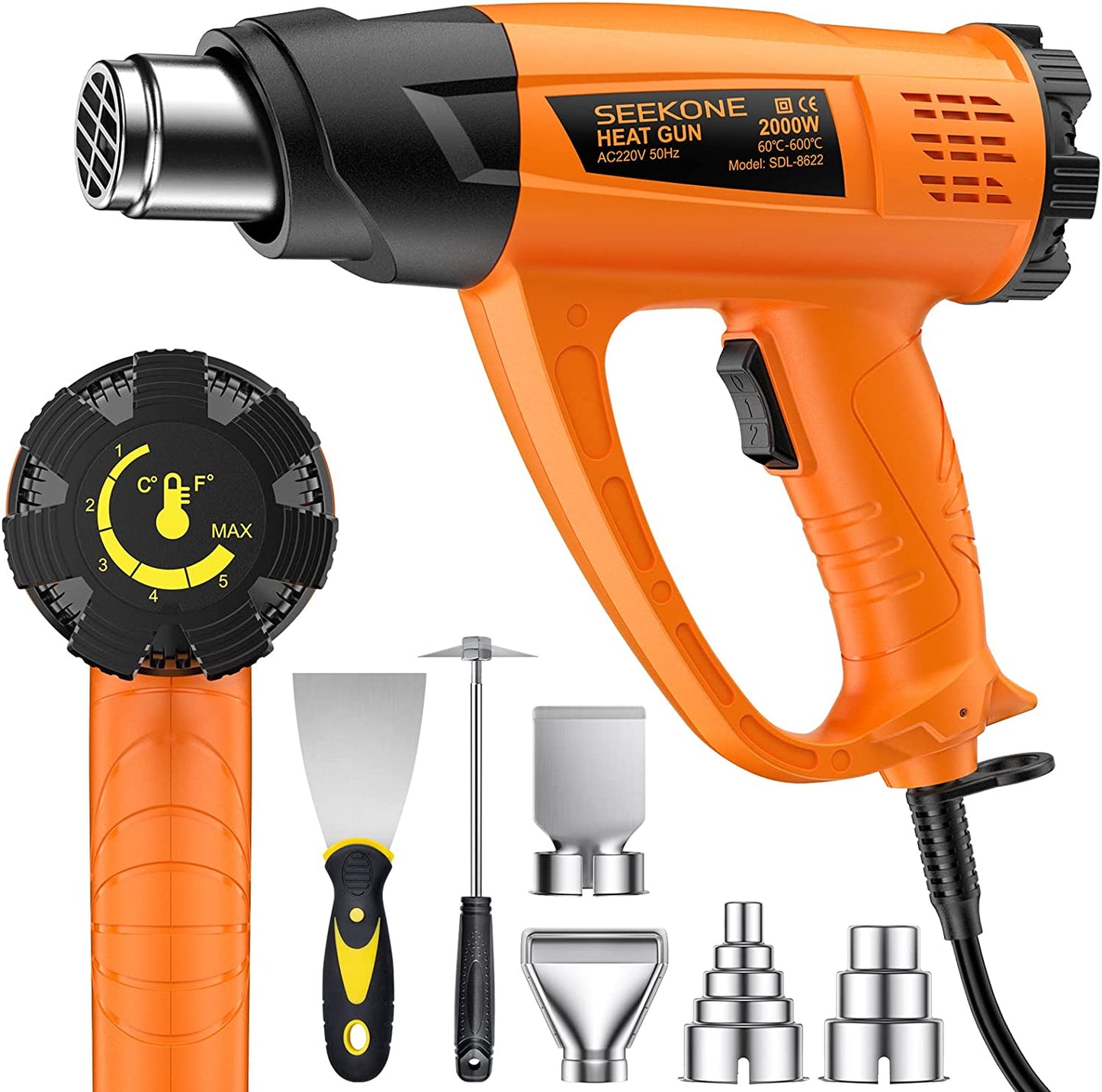2000W Heat Gun, Hot Air Gun Kit Variable Temperature 60℃- 600℃ with 2-Temp Settings 7 Accessories Ceramic Heating Core Double Heating Wire Overload Protection for Removing Paint, Shrinking PVC