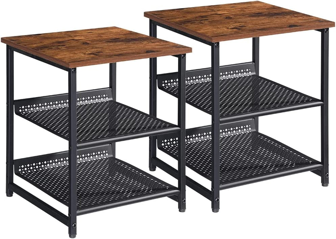Side Table, Nightstand, Set of 2 Industrial Style Sofa End Table 42 X 42 X 52 Cm,With 2 Adjustable Mesh Shelves, Easy Assembly, for Living Room,Bedroom, Office,Wood & Metal,Rustic Brown