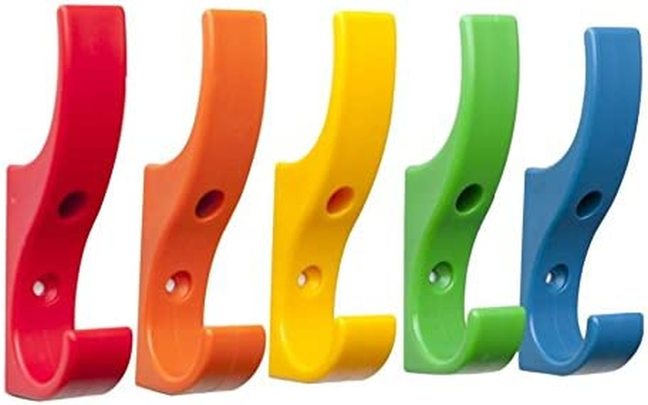Unbreakable Durable Mini Plastic Safety Bag Hat & Coat Wall Mounted Hooks for Schools, Home and Work 5 Pack RAINBOW