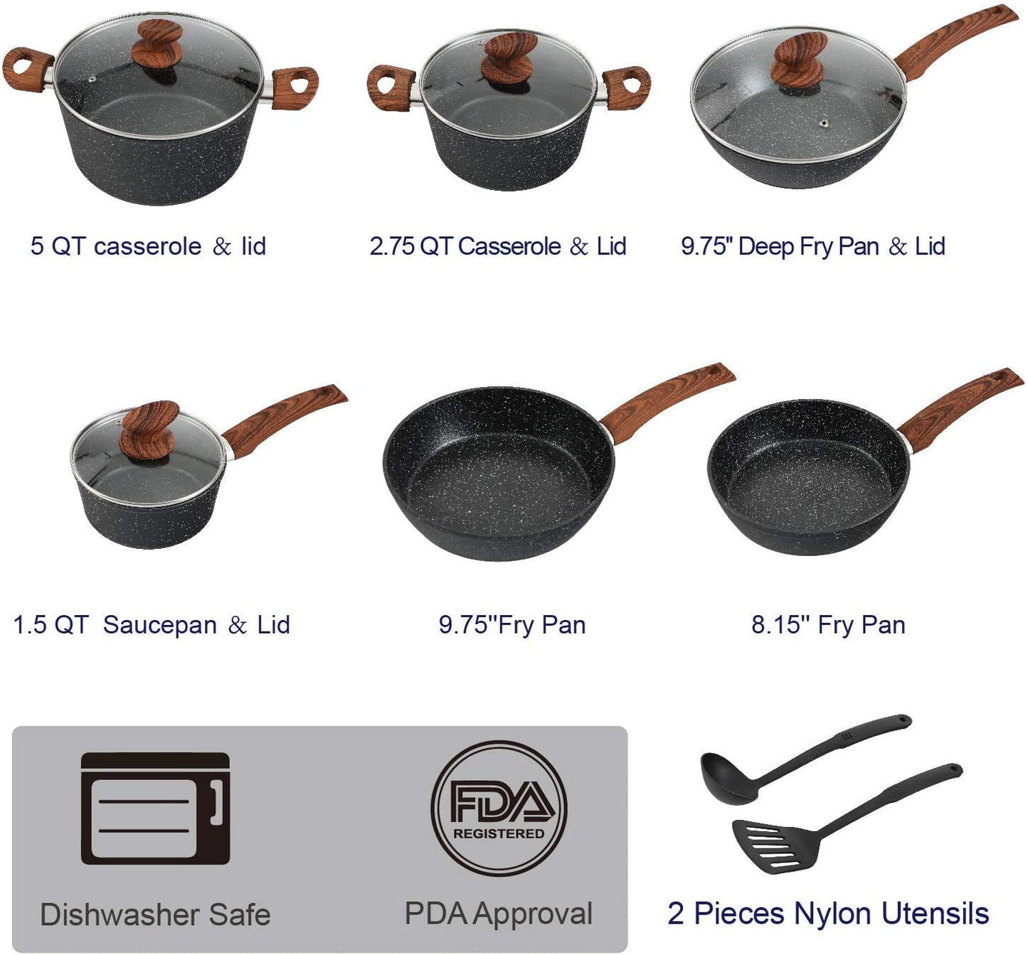12 Pieces Nonstick Granite-Coated Cookware Set, Black - Bakelite Handle with Wood Effect (Soft Touch)