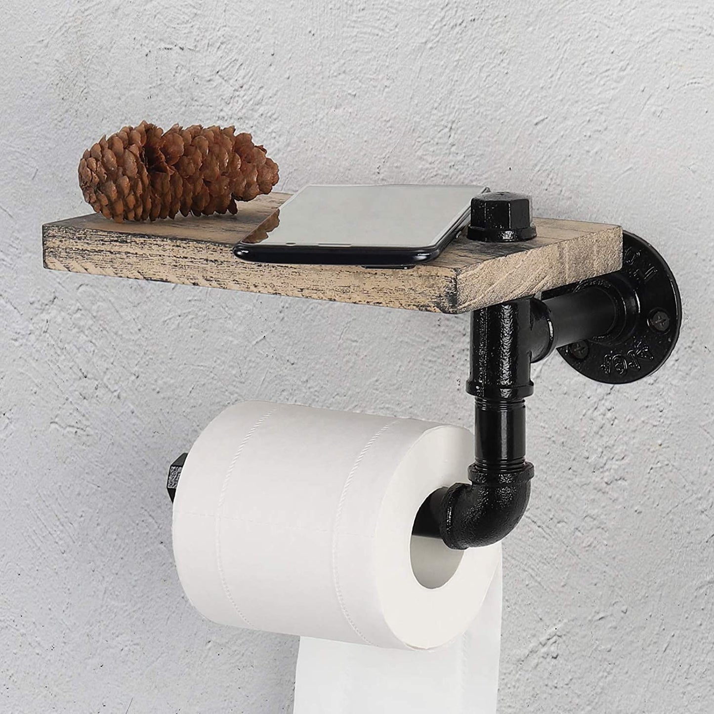 Industrial Tissue Holder,Wall Mounted Toilet Paper Holder with Wooden Shelf for Bathroom, Washroom and Cast Iron Pipe - Rustic Brown
