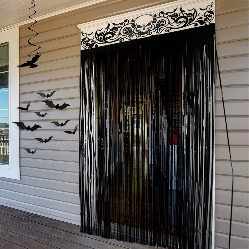 Halloween Door Curtain Black Shiny Foil Party Decorations Entrance Door Curtain for Halloween, 3.3 X 6.5 Feet
