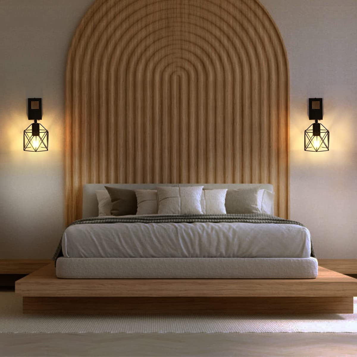 Industrial Wall Lights Indoor with Switch, Vintage Wooden Wall Lamp, E27 Black Cage Wall Lights, Wall Sconces Indoor for Farmhouse, Living Room, Bedroom, Hallway, Stairwell, Bar (2 Pack)