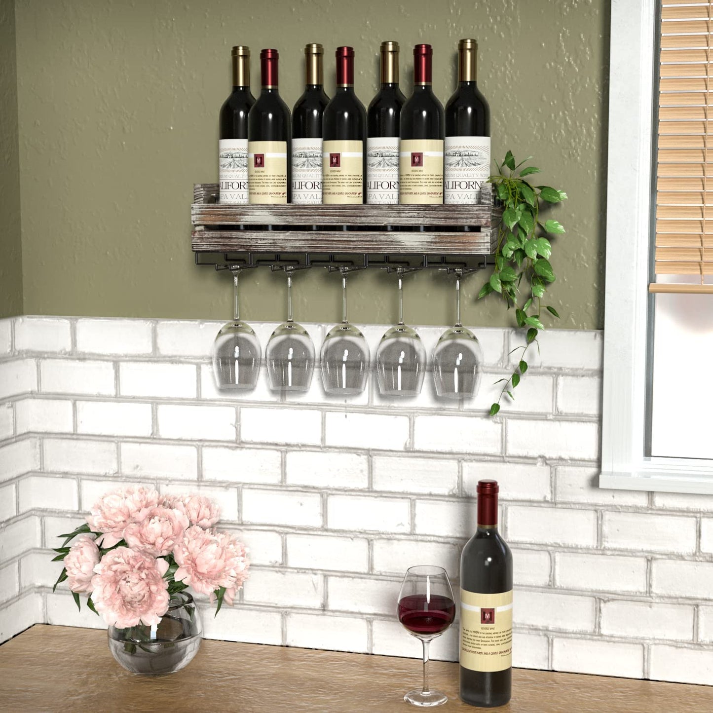 Wall Mounted Rustic Wood Wine Storage Rack with Metal Glass Holder, Holds 6 Bottles, 5 Glasses, Decorative for Home Bar, Dining Room, Kitchen - MK566A