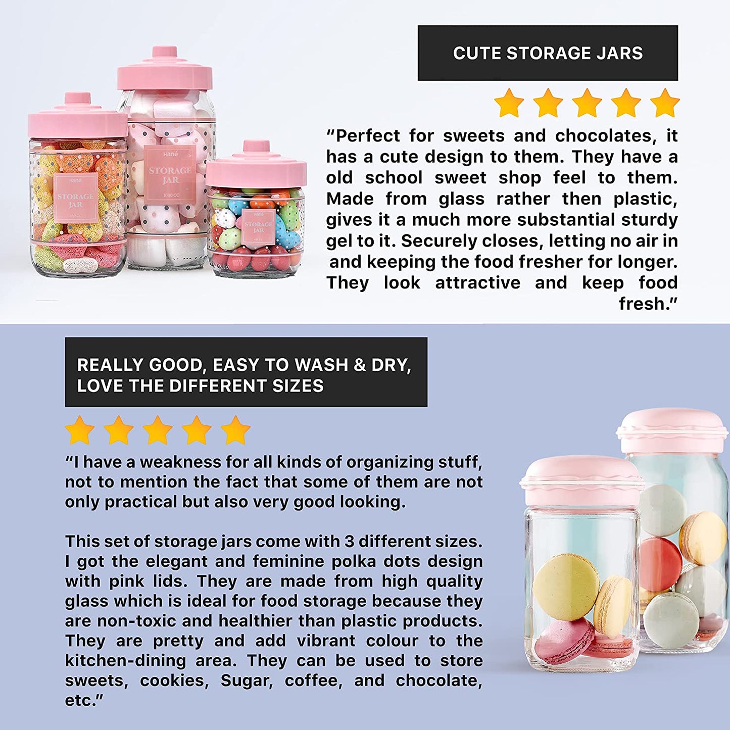 Hané Glass Jars with Lids, Set of 3 Polka Dots Design Food Storage Canister for Kitchen Storage & Organisation, Jar Containers for Storing Sugar, Flour, Cereal, Coffee (0.425 LT / 0.660 LT / 1 LT)