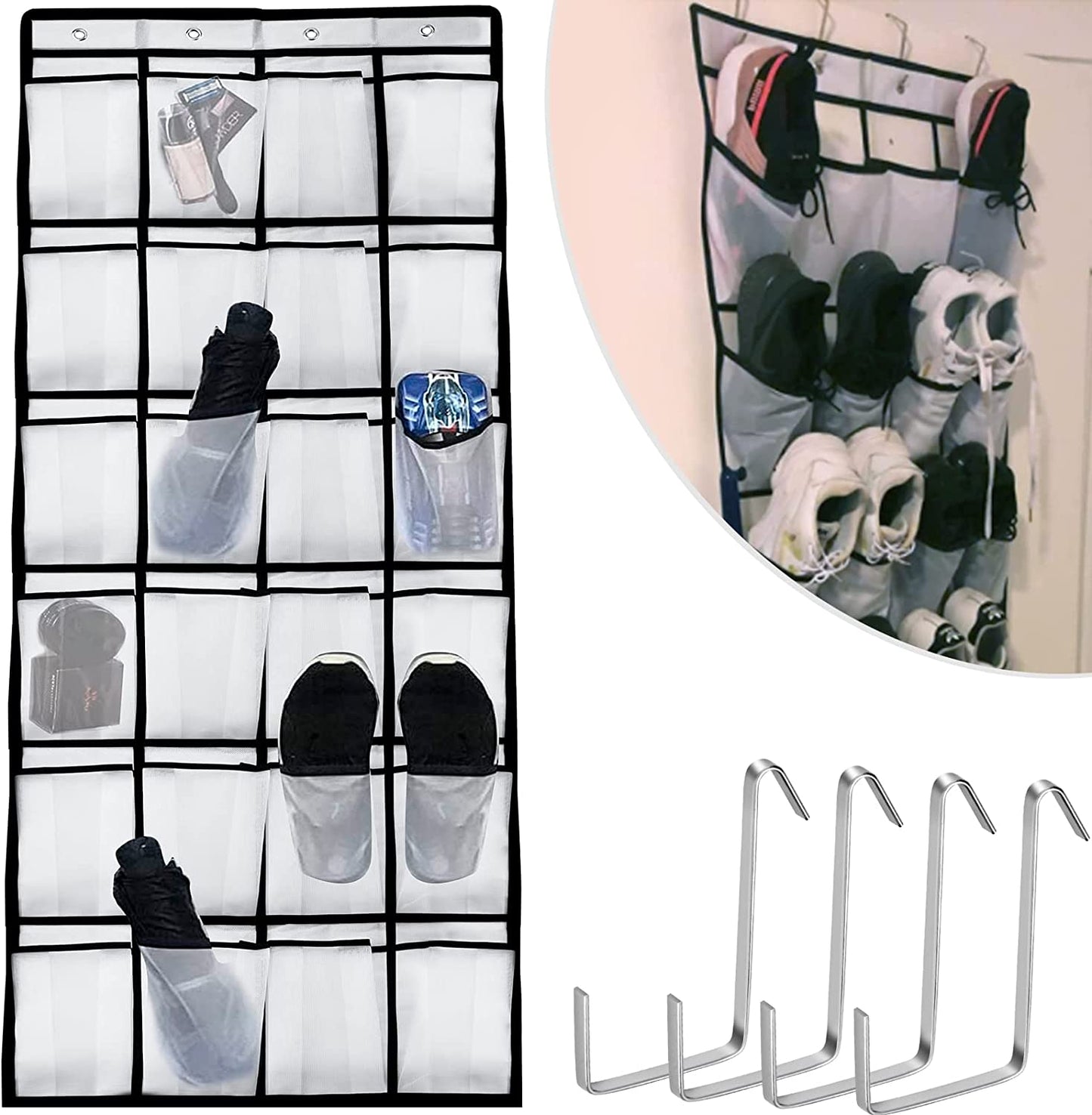 24 Pocket Storage Hanging ,50Cm W X 160Cm H Shoe Storage over the Door Large Mesh Organiser Storage Rack Stand Tidy Organiser with Hooks