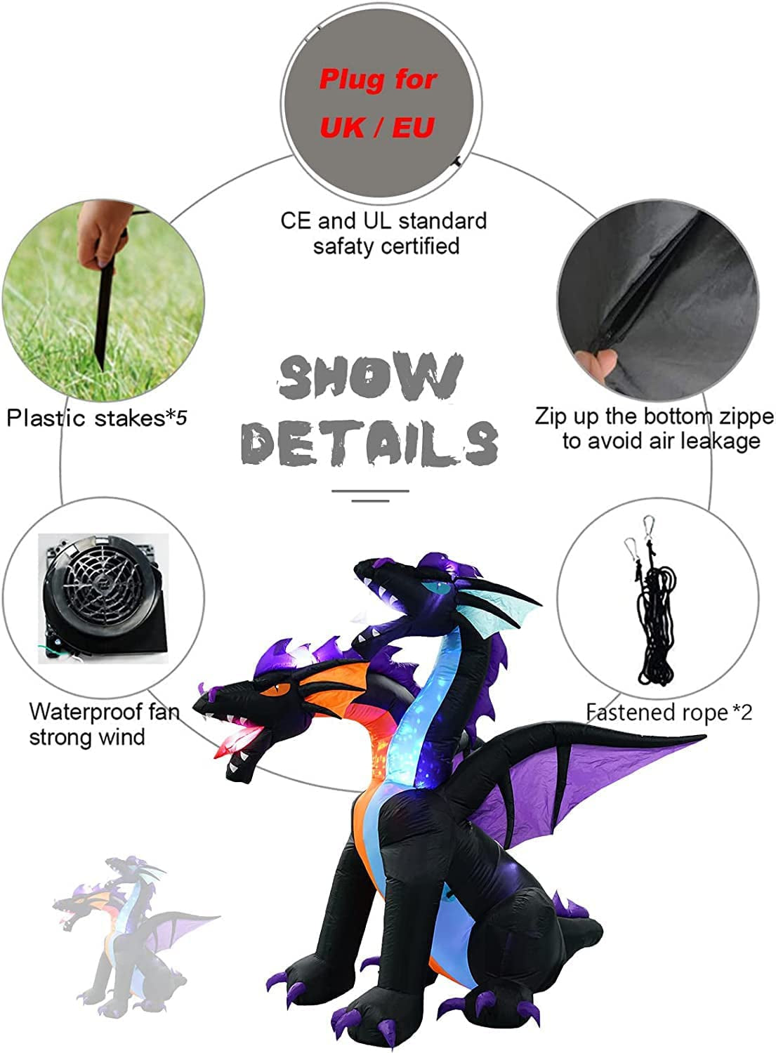 7Ft Halloween Inflatable Decoration 2-Headed Dragon, Giant Animated Fire & Ice Dragon Yard Lawn Outdoor Decoration with Build-In Lights for Holiday Party…