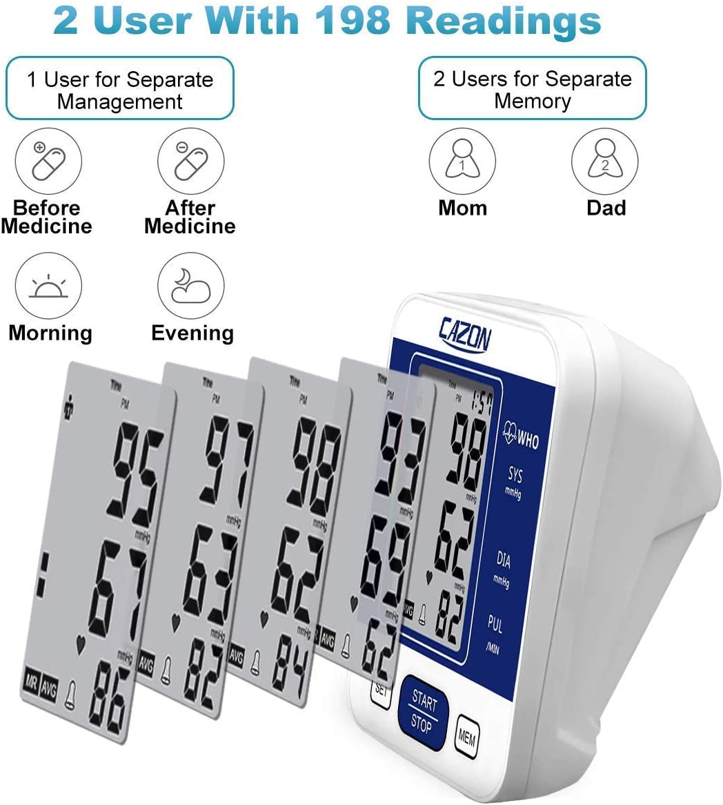 Blood Pressure Monitor Upper Arm BP Machine for Home Use BP Cuff Kit Pulse Rate Detection Meter with Cuff 22-32Cm 2×99 Sets Memory LCD Display (Blue)