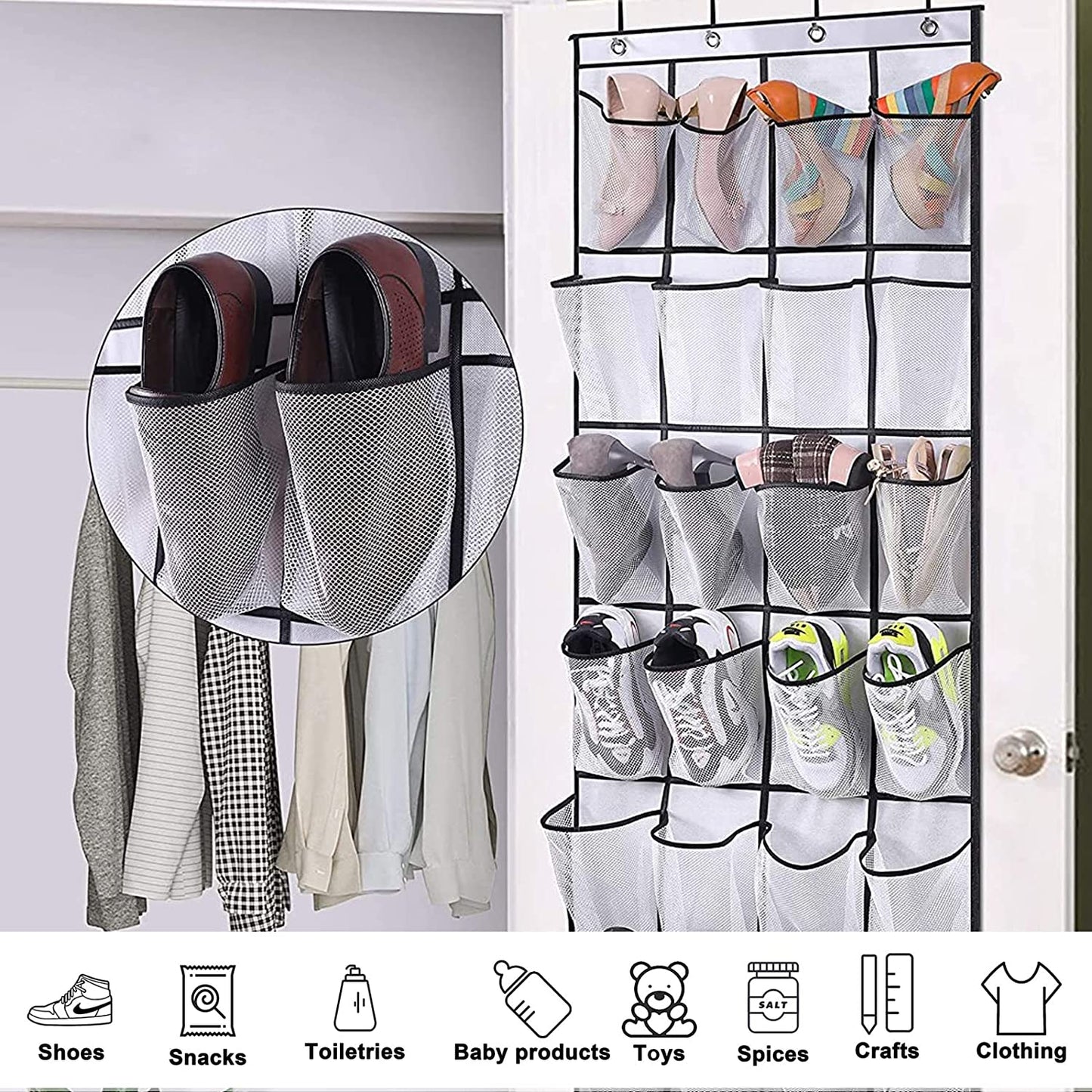 24 Pocket Storage Hanging ,50Cm W X 160Cm H Shoe Storage over the Door Large Mesh Organiser Storage Rack Stand Tidy Organiser with Hooks