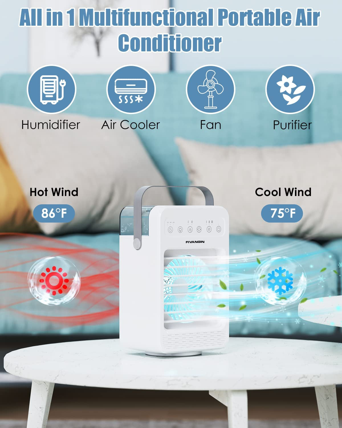 Air Cooler, Personal Portable Air Conditioner with Colored Lights, 4 Speeds, Automatic Oscillation, 4 in 1 Mini Air Cooler Ideal for Home/Bedroom/Dorm/Office