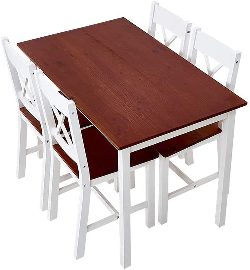 Solid Wood Pine Dining Table Set with 4Pcs X Shape Chairs Set Kitchen Room Furniture Set (X Shape White Brown)