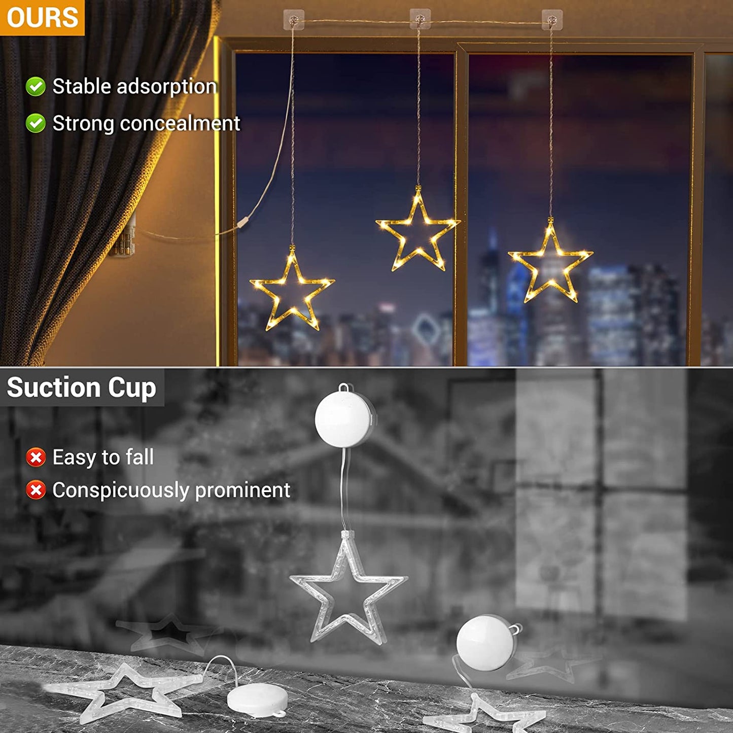 Chritmas Window Lights Indoor Outdoor, 3 Stars Lights 30 Leds Battery Operated Timer for Hanging 8 Modes Warm White Star String Lights, Xtmas Lights Decorative Light for Window, Door, Wall