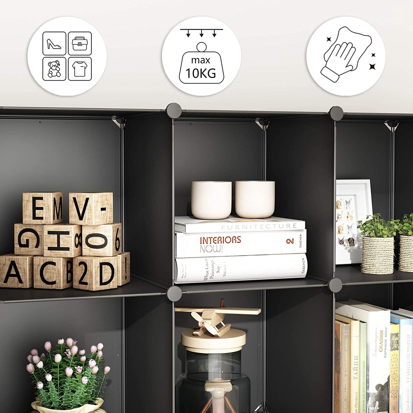 Portable Wardrobe for Bedroom Ideal Storage Organizer Cube Foldable Closet with Clothes Hanging Rails, Combination Armoire Modular Cabinet for Space Saving,White and Black(16-Cube)