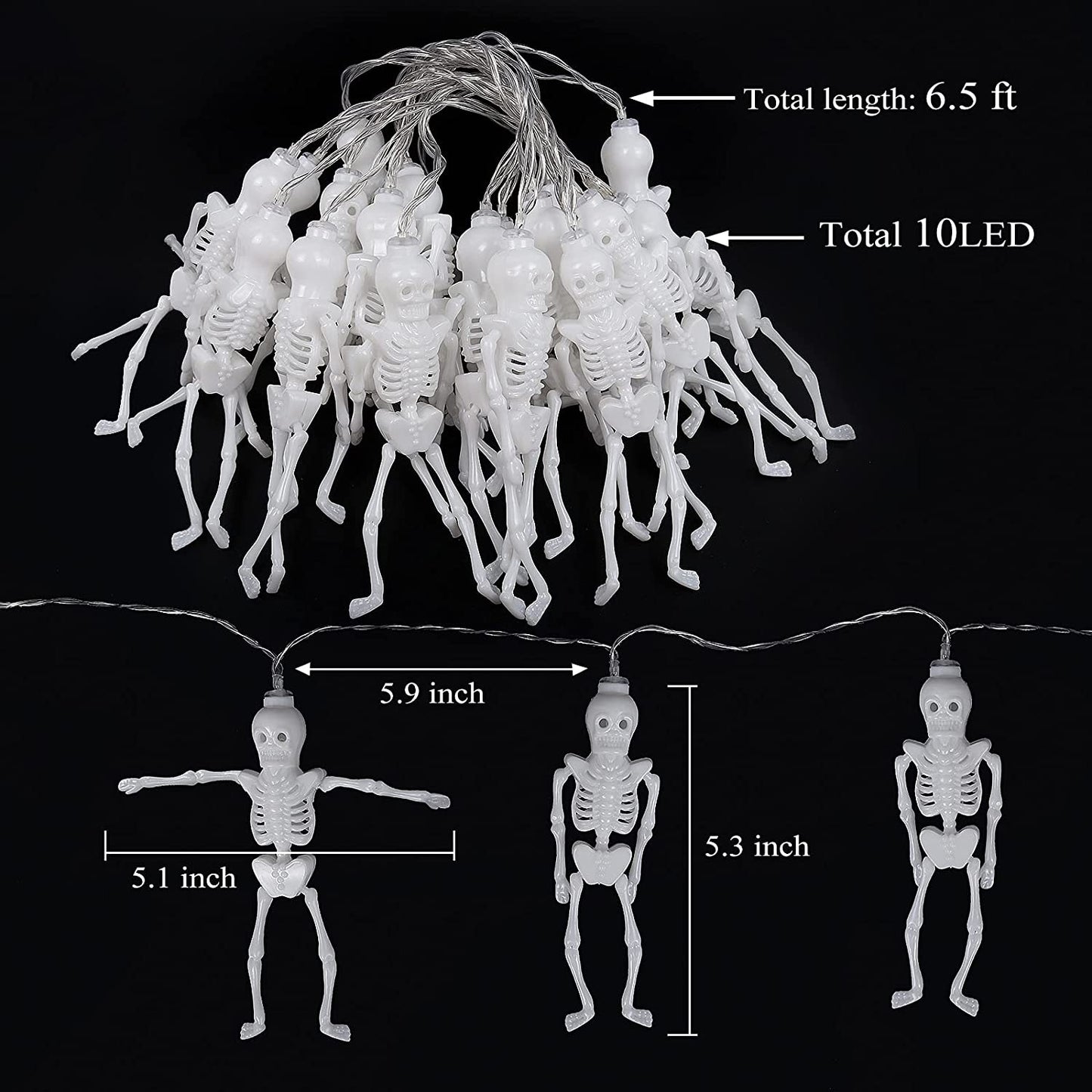 Skeleton Lights Halloween String Lights,6.5Ft 10LED Skeletons Halloween Skull Lights Decoration,2 Light Modes Battery Powered String Lights,Spooky Halloween Lights for Party Patio Bar Indoor Outdoor
