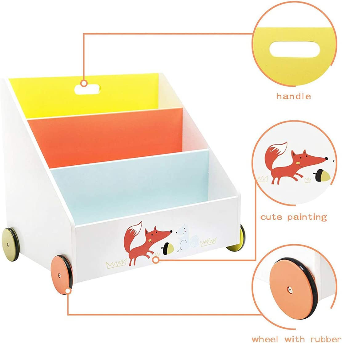 2-In1 Well Bookcase on Wheels for Toddler Toy Storage Unit Wooden Toy Box Creative Bookcase with Cute Animal Patterns Orange Fox’
