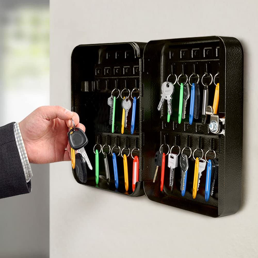 Key Cabinet Key Lock Box Wall Mount with 40 Key Holder Organizer Locker Case, Colored Key Tags & Hooks Wall Mounted Lock Box for Keys Storage, Homes, Property, Hotels, Business (Black)