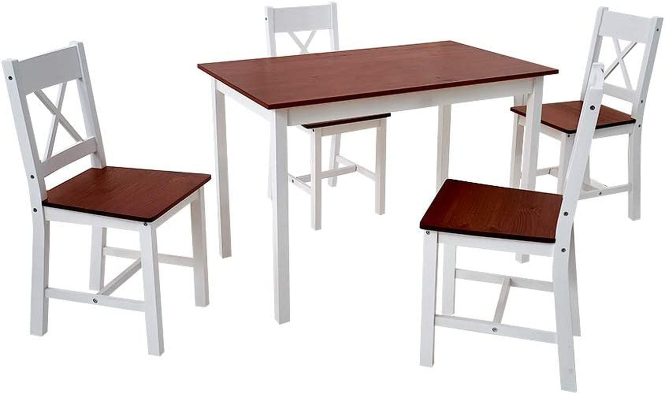 Solid Wood Pine Dining Table Set with 4Pcs X Shape Chairs Set Kitchen Room Furniture Set (X Shape White Brown)