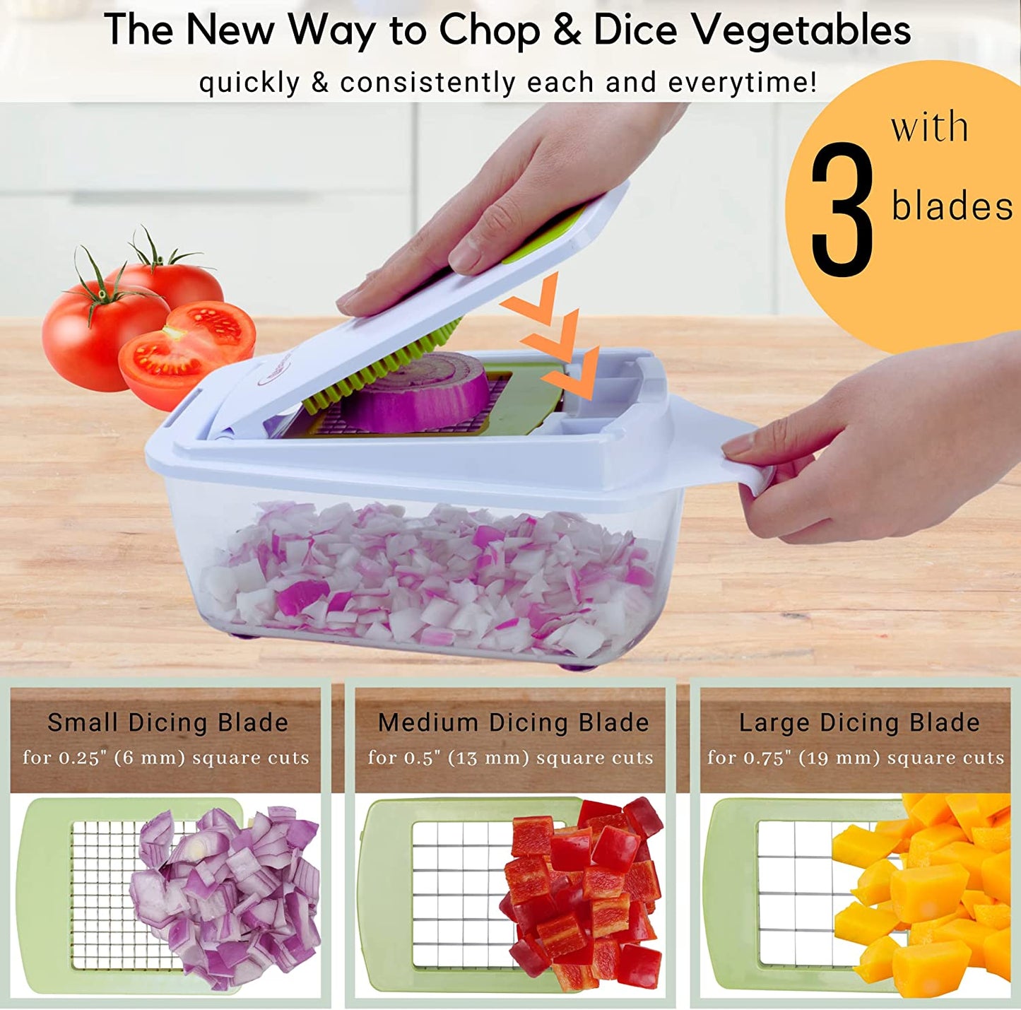 Quickpush Food Chopper (BR-QP-02): Strongest & 200% More Container Capacity, 30% Heavier Duty, Kitchen Vegetable Fruit Dicer, Onion Tomato Potato Fries Cutter, with 3 Dicing Blades & Lid