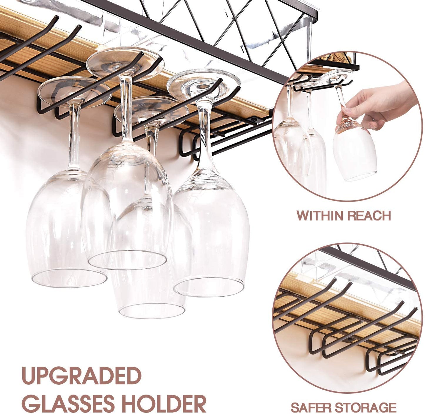 Wall Mounted Wine Rack,Metal & Wooden Wine Shelf with Glass Holder & Cork Storage,Champagne Bottle Holder,Hanging Rustic Wine Holder, Floating Wine Shelf for Kitchen, Home WK810228