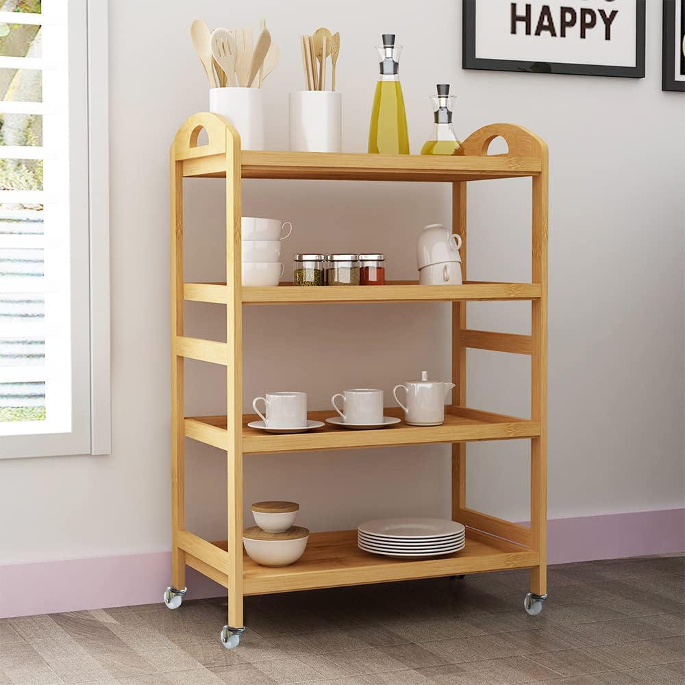 Bamboo Kitchen Serving Trolley Cart 4 Tier Kitchen Storage Rack Serving Trolley on Wheels Restaurant Storage, KS-ZC07-BH