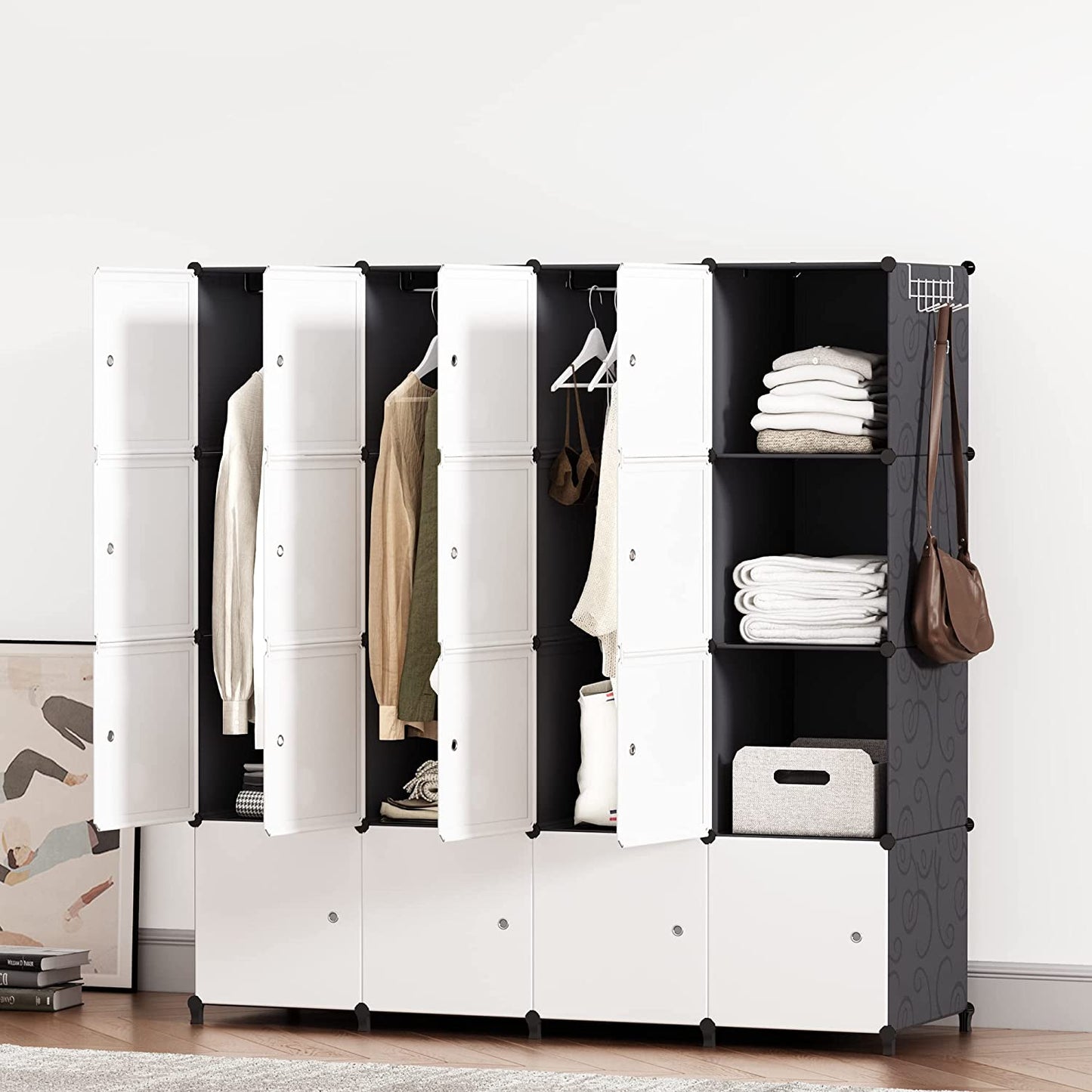 Portable Wardrobe for Bedroom Ideal Storage Organizer Cube Foldable Closet with Clothes Hanging Rails, Combination Armoire Modular Cabinet for Space Saving,White and Black(16-Cube)