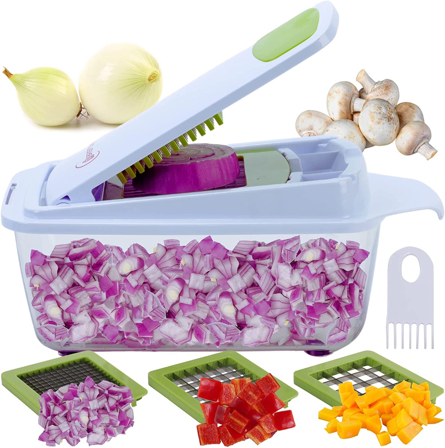 Quickpush Food Chopper (BR-QP-02): Strongest & 200% More Container Capacity, 30% Heavier Duty, Kitchen Vegetable Fruit Dicer, Onion Tomato Potato Fries Cutter, with 3 Dicing Blades & Lid
