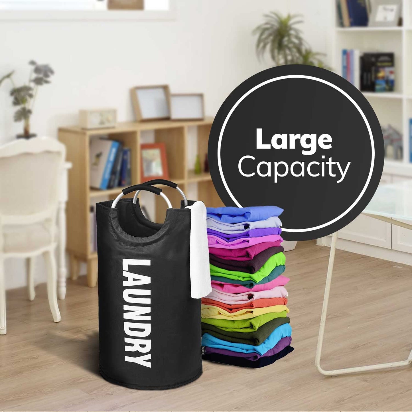Collapsible Large Laundry Basket - Black, 82 L | Foldable Hamper Basket | Easy to Carry Washing Baskets for Laundry | Clothes Hamper for Kids Bedroom, Bathroom, Nursery, Utility Room