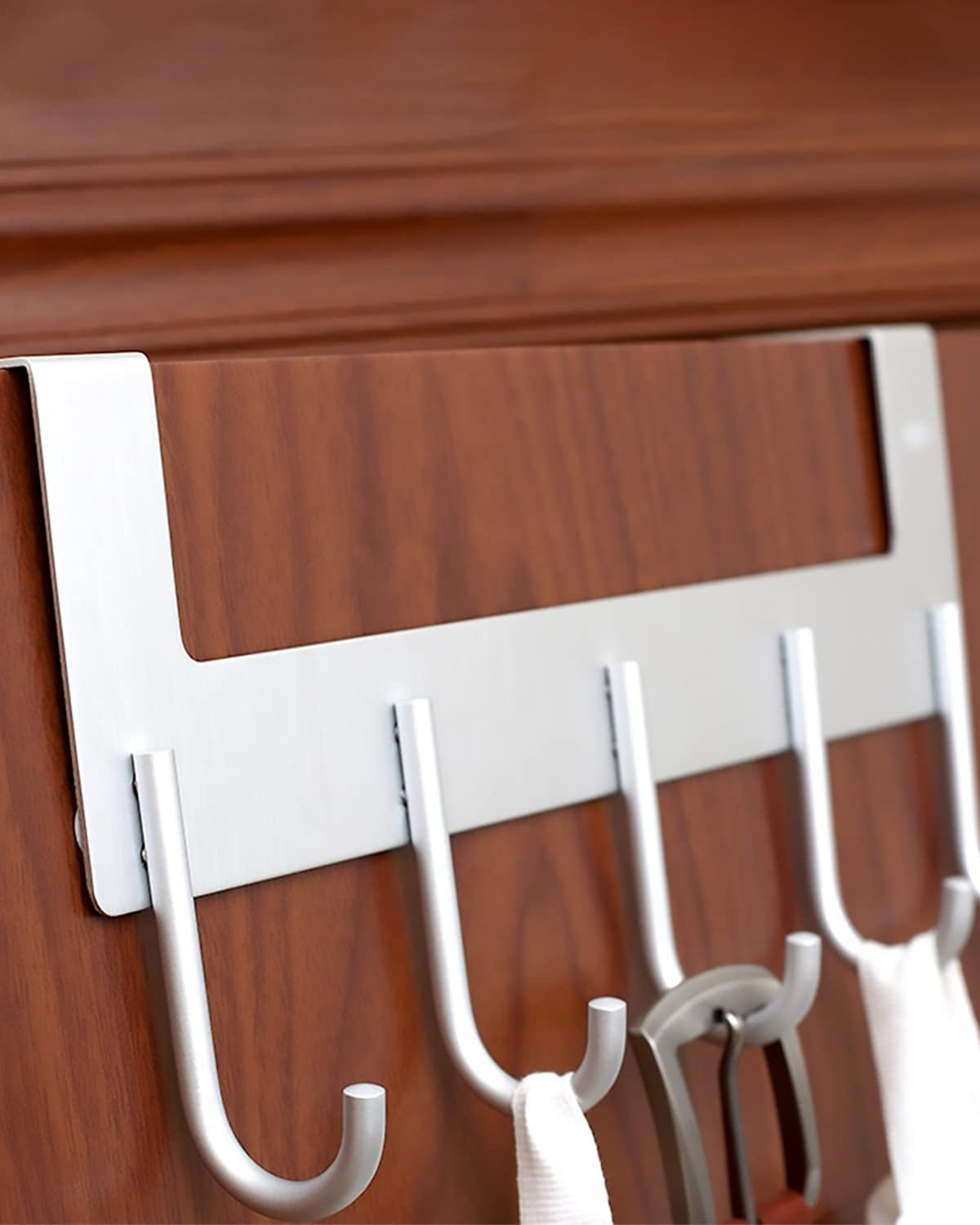 over the Door Hook Hanger, Heavy-Duty Storage for Coat, Towel, Bag, Robe - 5 Hooks, Aluminum, Brush Finish (Silver)