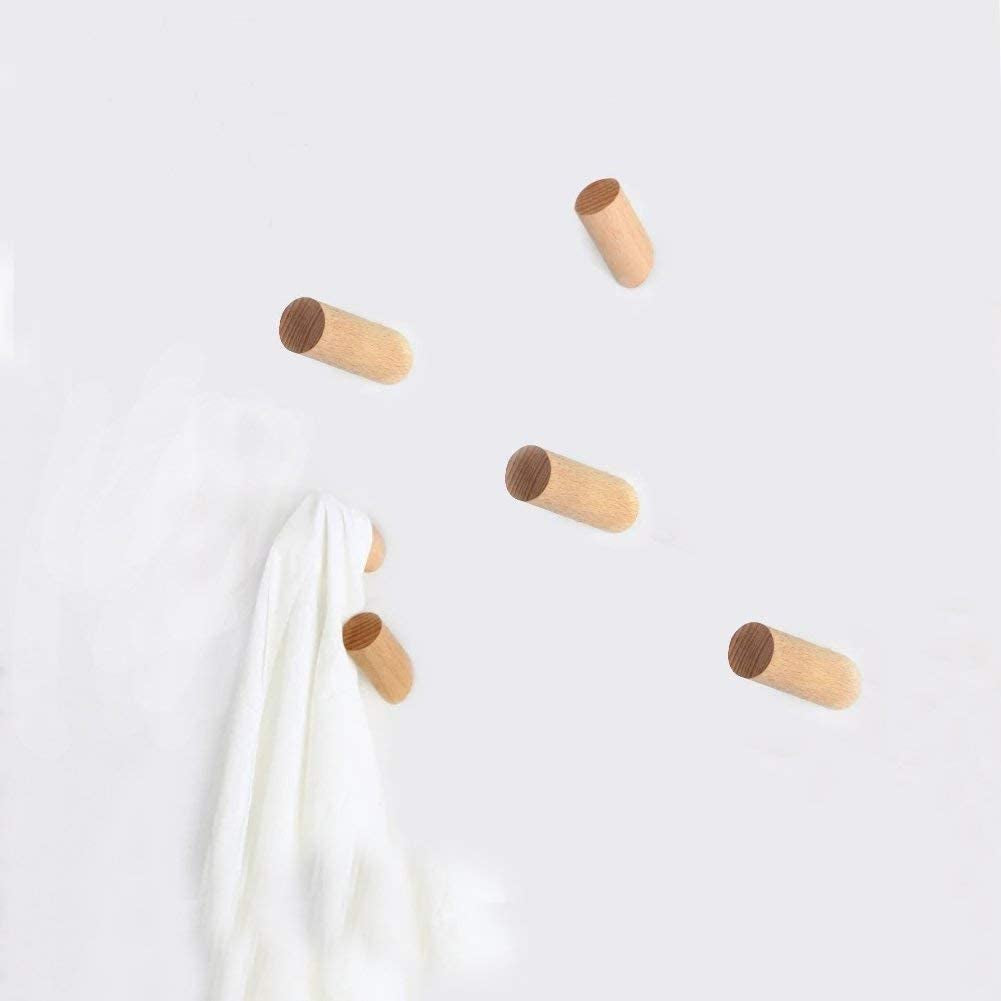 Wooden Coat Hook, 5 Pack Natural Wall Mounted Clothes Scarf Hat and Bag Storage Hangers Towel Rack Bedroom Decoration,Diameter 30Mm