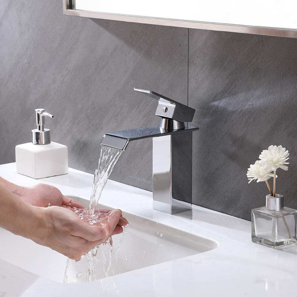Modern Commercial Single Lever Waterfall Bathroom Mixer Tap,Monobloc Civil Hot and Cold Water Bathroom Sink Taps,Bathroom Tap Basin Tap Cloakroom Tap with Waterfall Large Spout