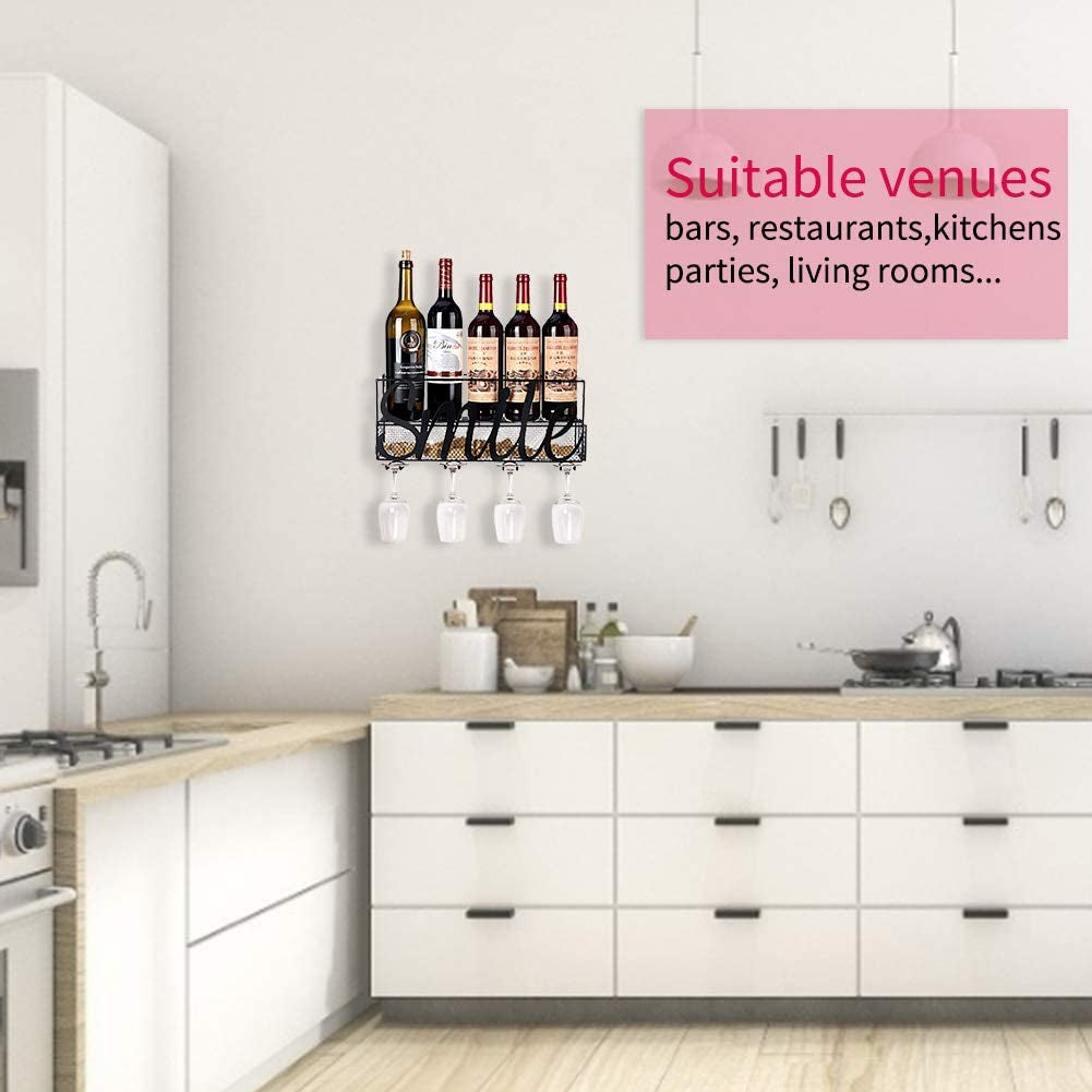 Wall Mounted Metal Wine Rack, Champagne Drink Storage Racks with 4 Long Stem Glass Holders.