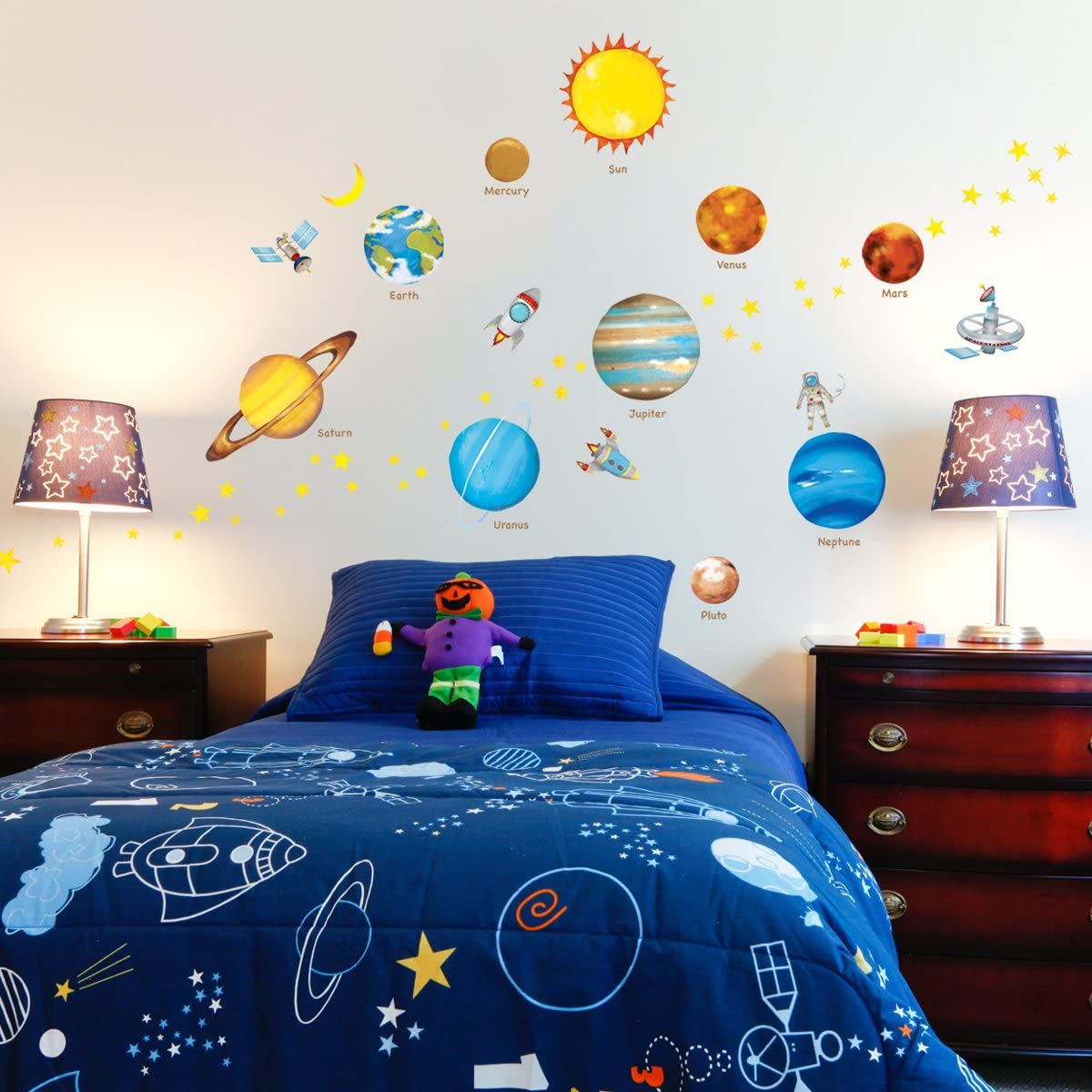DW-1307 Planets in the Space Kids Wall Stickers Decals Peel and Stick Removable for Nursery Bedroom Living Room Art Murals Decorations