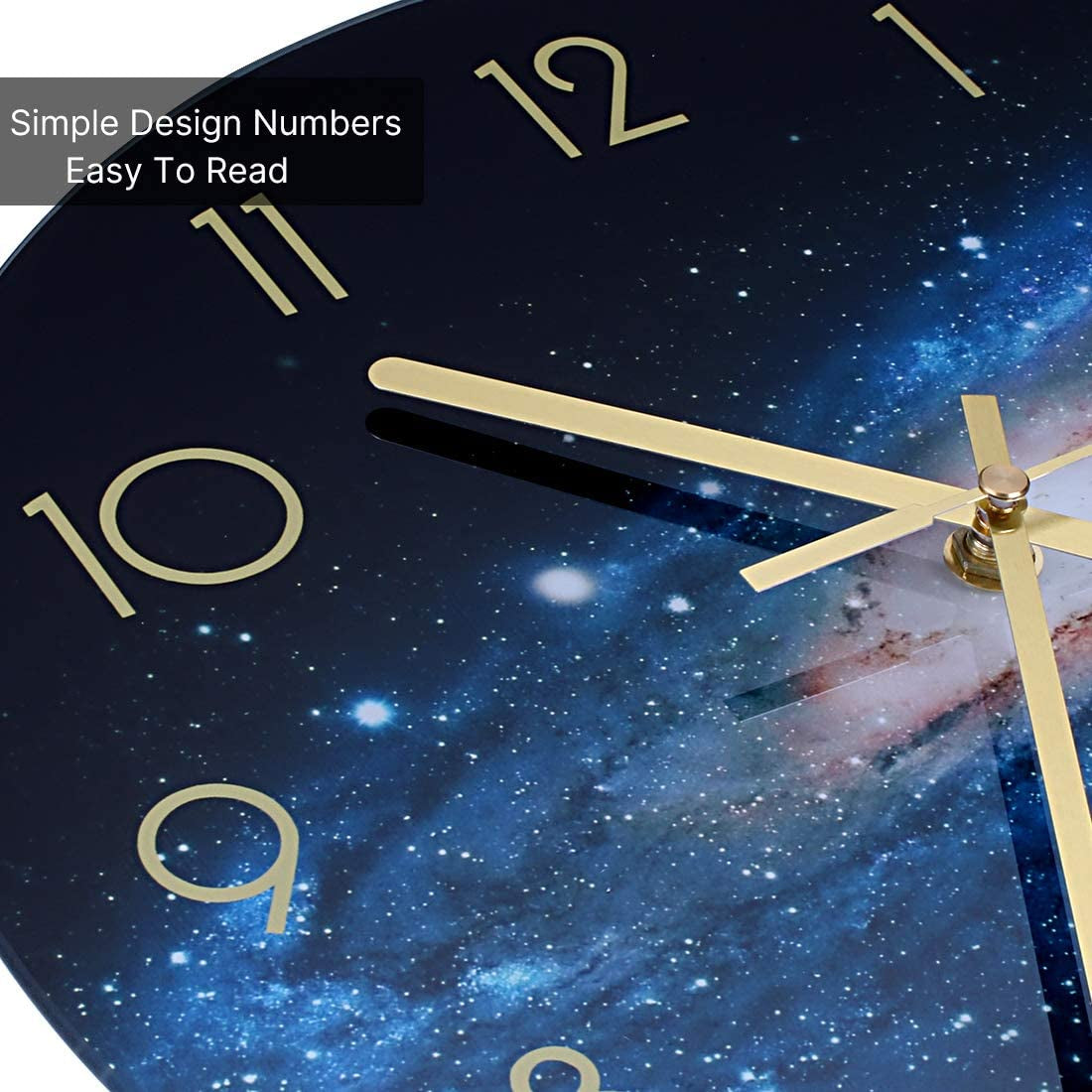 Black Arabic Numerial Wall Clock 12 Inch Silent Quality Quartz Battery Operated Wall Clocks- round Glass Wall Clocks for Kitchen, Living Room, Dining Room and Bedroom - Night Sky Pattern