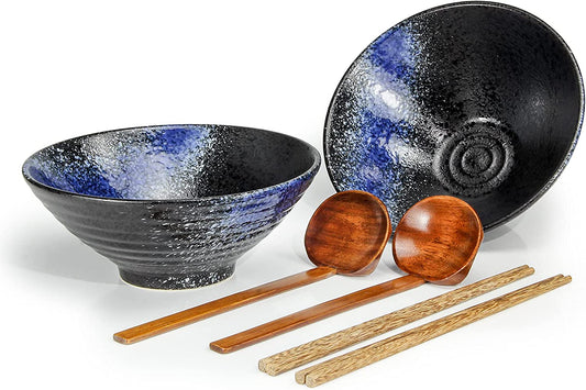 Pottery Ramen Bowls Set of 2 - Ideal for Noodle Salad Pasta Dinnerware Ceramic Japanese Bowl 2×1000 Ml 34 Ounces Capacity with Chopsticks and Spoon Men and Women Gifts Ideas Porcelain - Starry Blue