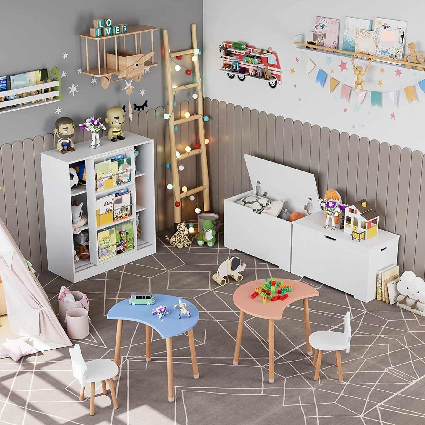 Children'S Bookcase Kid'S Shelves Toy Storage Organiser with Sliding Door Display Stand White Wooden 90X37X105Cm