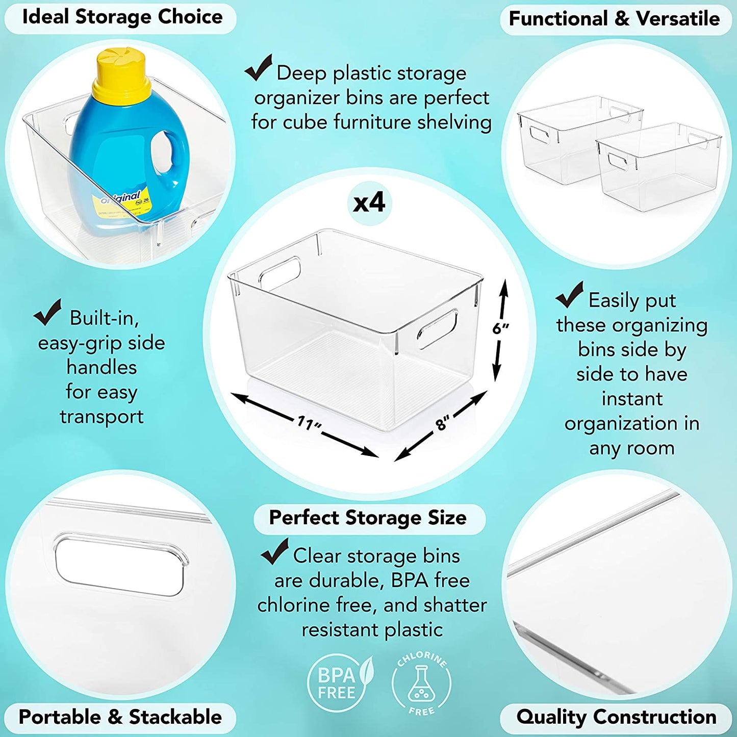 Plastic Storage Bins – Perfect Kitchen Organisation or Pantry Storage – Fridge Organiser, Pantry Organisation and Storage Bins, Cabinet Organisers - 4 Pack