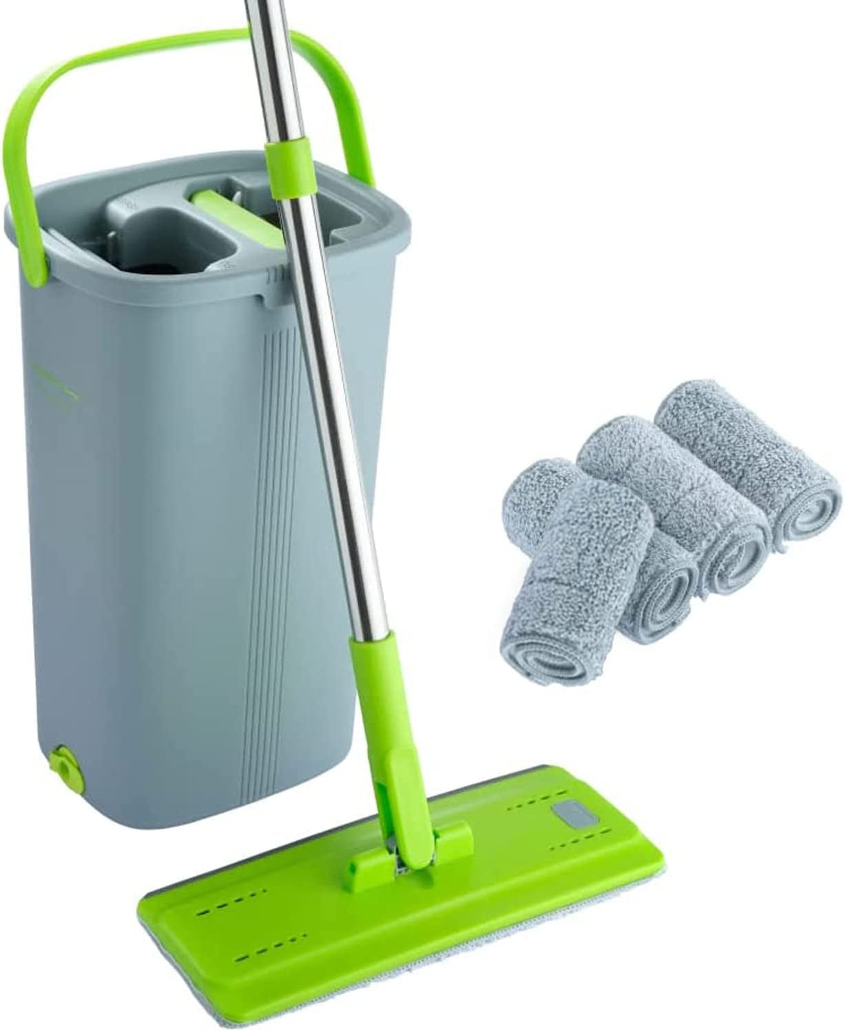Easygleam Mop and Bucket Set. Microfibre Flat Mop with Stainless Steel Handle, Innovative Twin Chamber Bucket for WET & DRY Use. 4 Reusable Pads Supplied, Suitable for All Floor Types