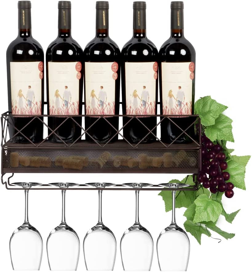 Wall Mounted Wine Rack with Glass Holder Metal Wine Shelf Champagne Bottle Holder Hanging Rustic Wine Holder Floating Wine Shelf for Kitchen, Bronze