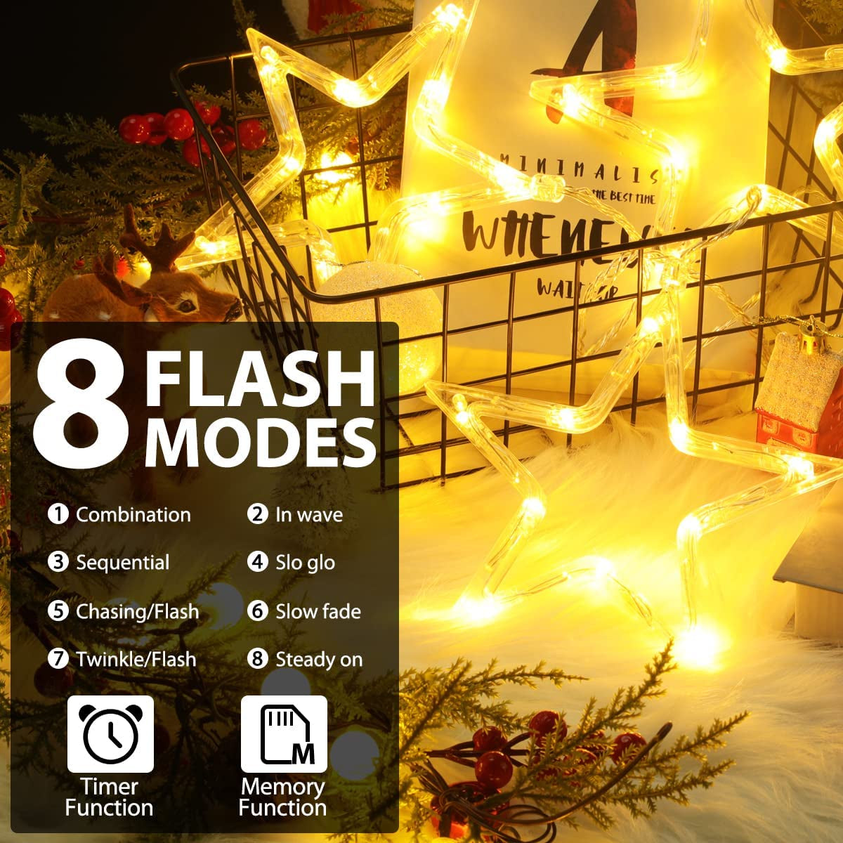 Chritmas Window Lights Indoor Outdoor, 3 Stars Lights 30 Leds Battery Operated Timer for Hanging 8 Modes Warm White Star String Lights, Xtmas Lights Decorative Light for Window, Door, Wall