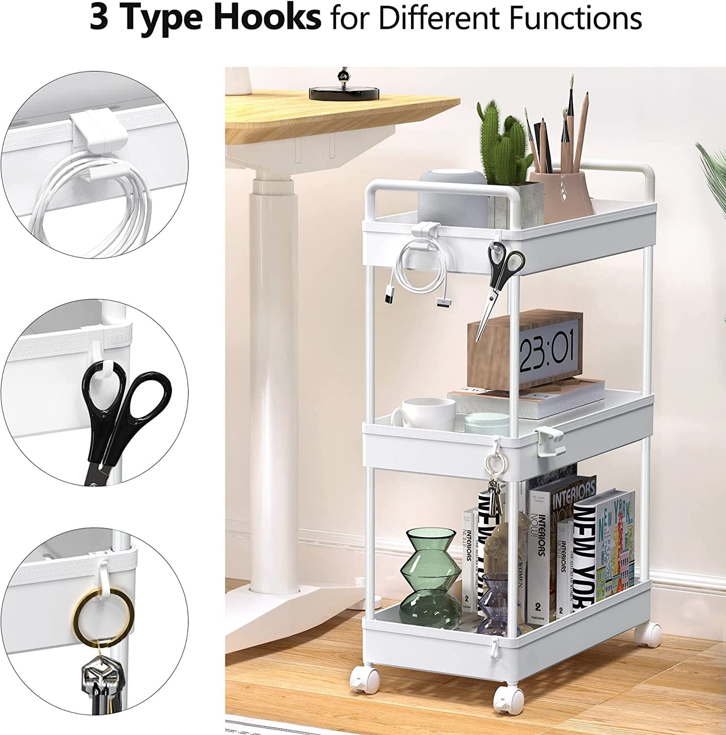 3-Tier Storage Trolley Cart Slide-Out Rolling Utility Cart Mobile Storage Shelving Organizer for Kitchen, Bathroom, Laundry Room, Bedroom, Narrow Places, Plastic,White