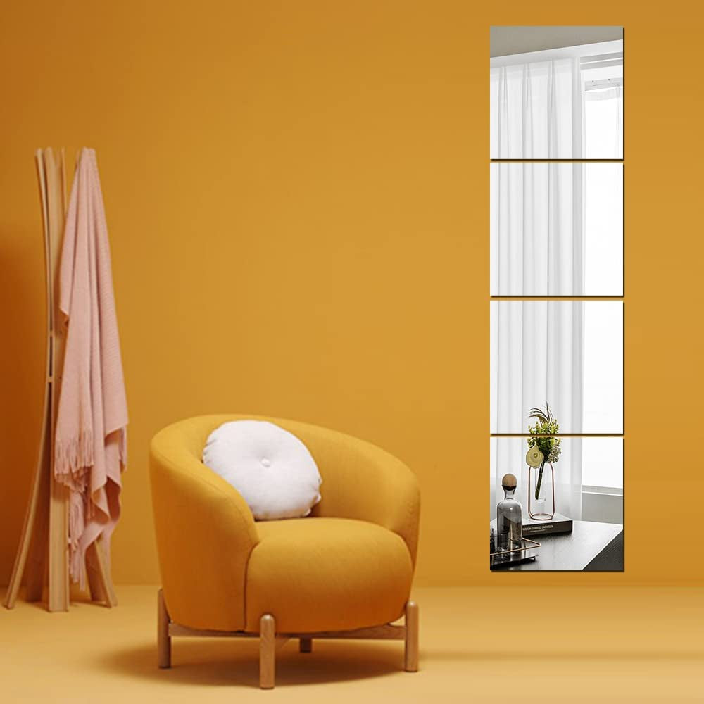 Full Length Wall Mirrors, Floor Mirrors for Walls 4Pcs 12"X12" Acrylic Plexiglass Body Mirror Wall-Mounted Frameless Wardrobe Door Large Long Mirror Home Workout Gym Mirror Dorm Tile Self Adhesive