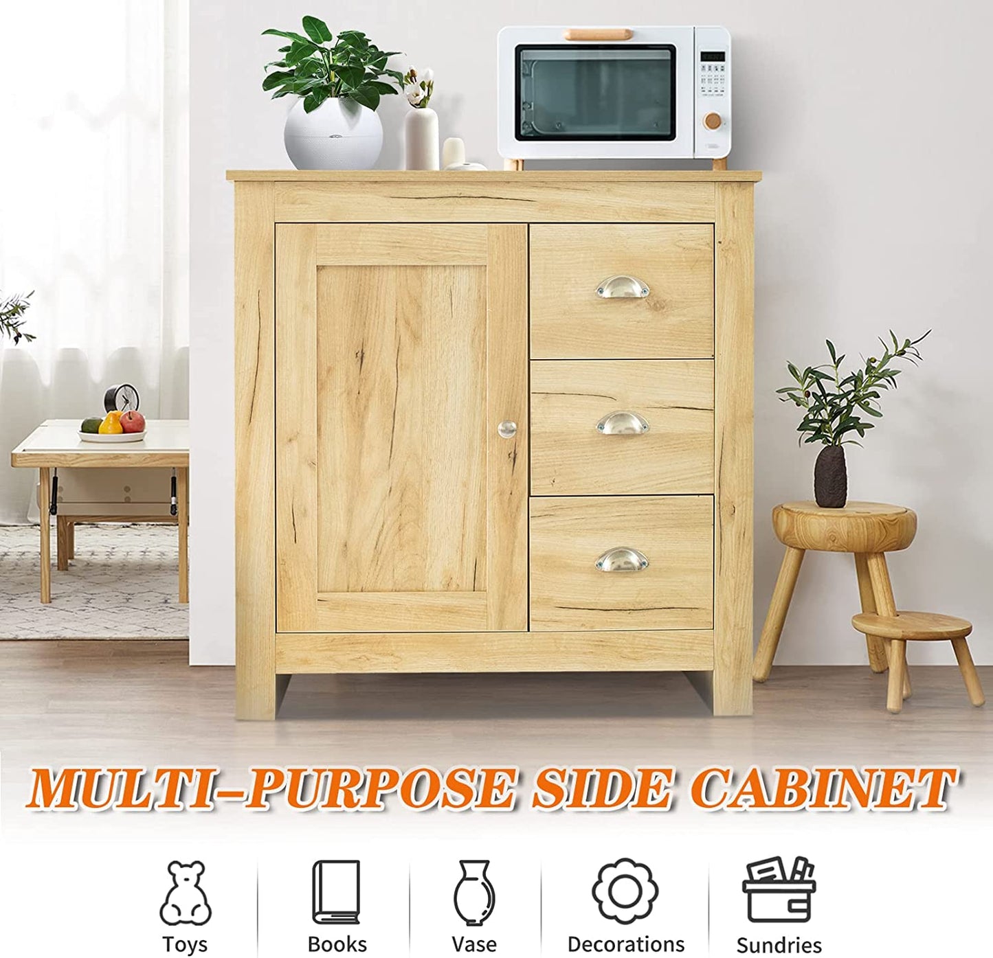 Sideboard Buffet Table with 3 Drawers 1 Door Storage Cabinet for Living Room Hallway Kitchen Sideboard Cupboard for Dining Room Narrow Sideboard Cabinet, 79X35X81Cm (Light Oak)
