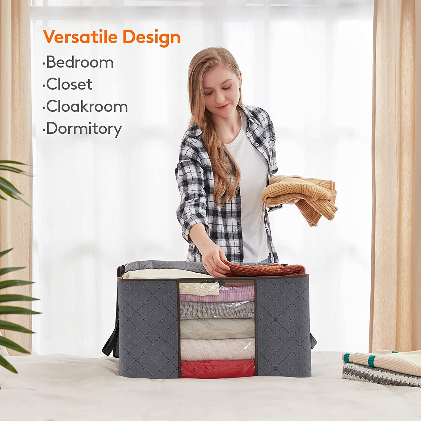 Large Capacity Clothes Storage Bag Organizer with Reinforced Handle Thick Fabric for Comforters, Blankets, Bedding, Foldable with Sturdy Zipper, Clear Window, 3 Pack, Grey
