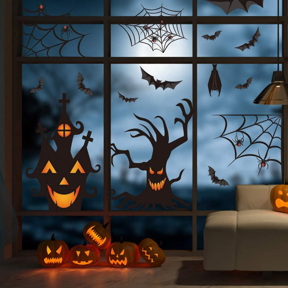 Halloween Window Clings Stickers, 7Sheet Halloween Bats Spiders Window Cling Sticker Decal for Halloween Window Decoration