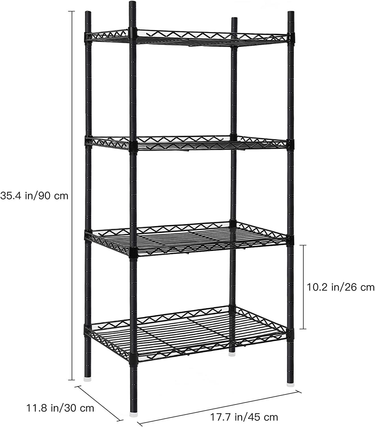 4 Tier Shelving Unit, Metal Shelving Unit Free Standing Small Storage Rack with 4 Hooks, Wire Organisation Racking Shelves for for Pantry Kitchen Livingroom Bathroom Office, 45*30*90 CM