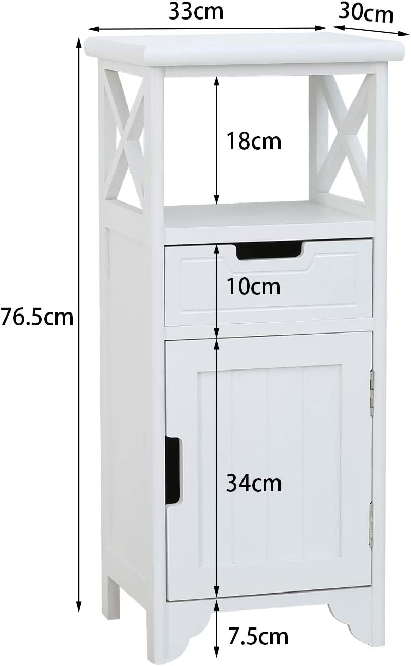 White End Table with Drawer and Shelf - Fully Assembled - Tall Bedside Cabinets/Bedside Table/Bathroom Cabinet/Side Cabinet/Floor Standing Storage Cabinet for Living Room, Bedroom, Hallway