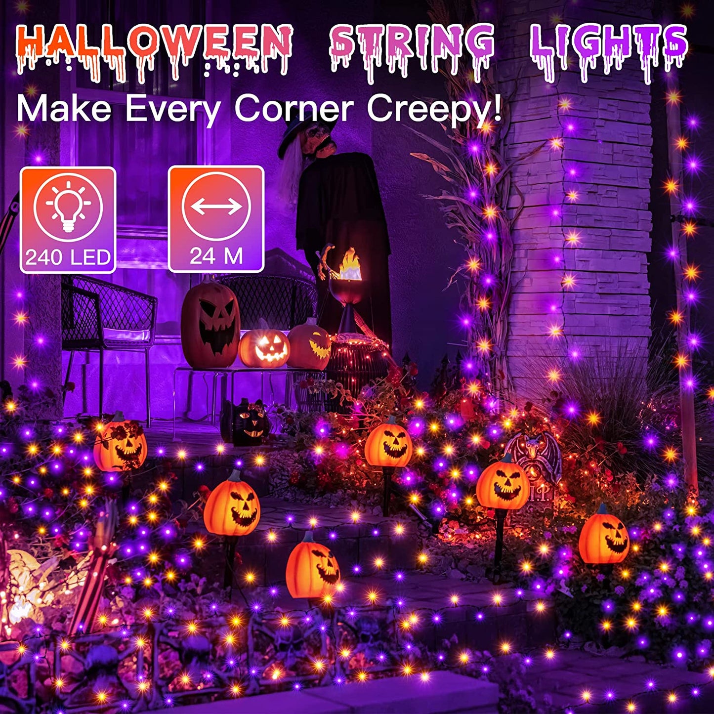 Ollny Halloween Decorations Lights Outdoor - 24M 240LED Orange Purple Christmas String Lights with 8 Modes/Timer - Waterproof Fairy Lights Plug in for Indoor Halloween Party/Garden/Tree/Window Decor